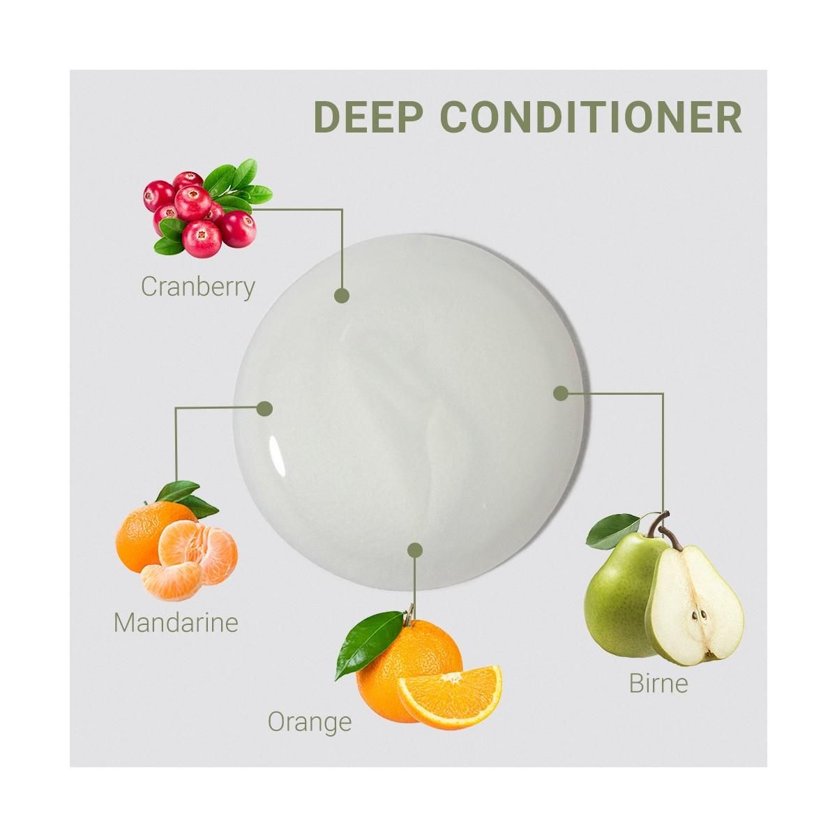 Disposition circulaire de canneberge, mandarine, orange et poire. Texte: Deep Conditioner.