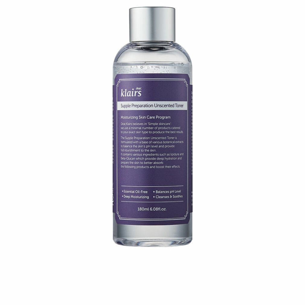 Transparante fles met zilveren dop. Opschrift: Dear Klairs Supple Preparation Unscented Toner. Paars etiket.