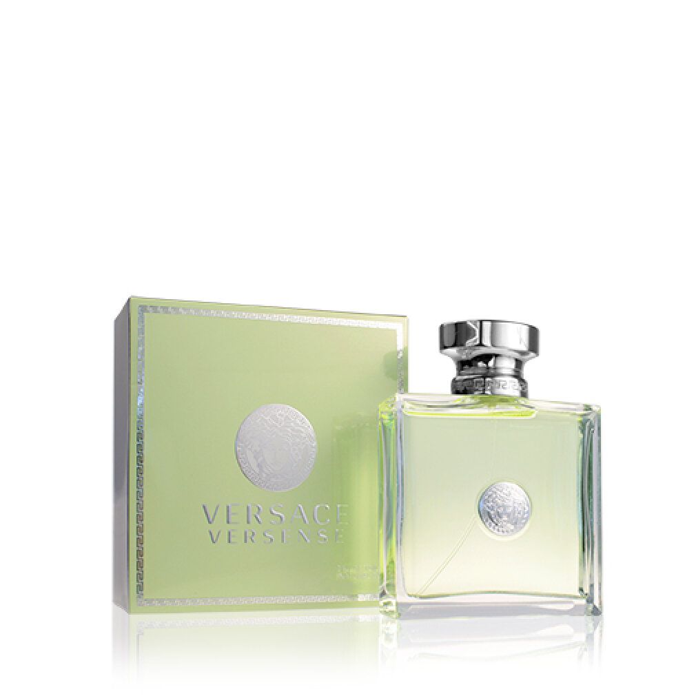 Boîte et flacon verts. "VERSACE VERSENSE" sur la boîte. Flacon avec bouchon argenté et logo Medusa.