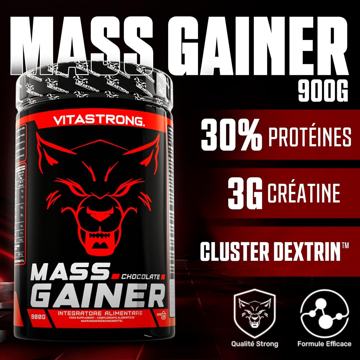 Vitastrong Mass Gainer-container. Zwarte container met rood label. Bevat 30% eiwit, 3G creatine en Cluster Dextrin.