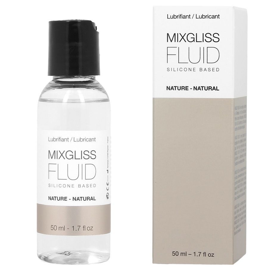 Lubrifiant Mixgliss Fluid à base de silicone dans une bouteille transparente avec bouchon noir et emballage carton.