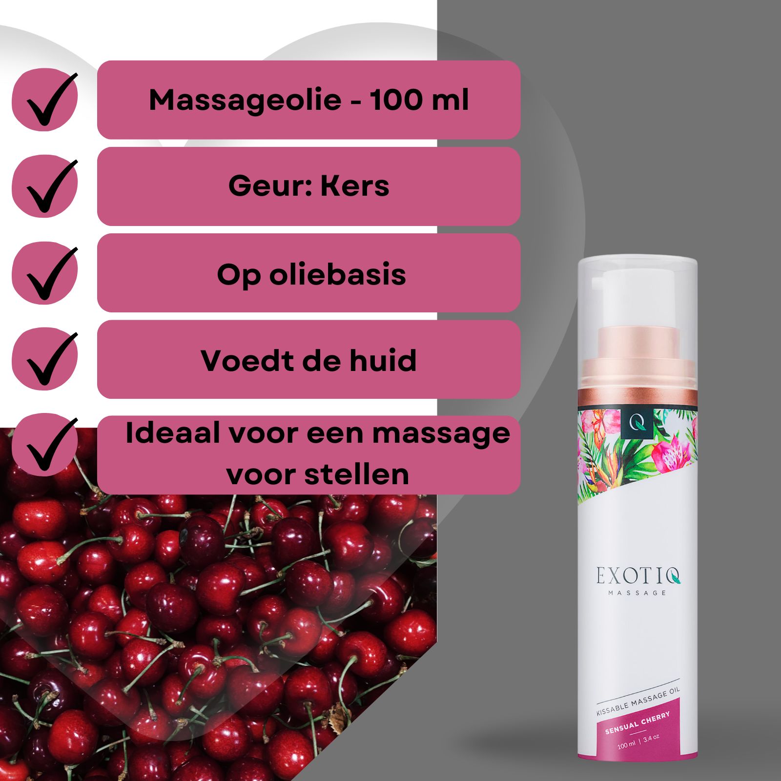 Massageolie fles naast kersen. Tekst: Massageolie, geur kers, op oliebasis, voedt de huid.