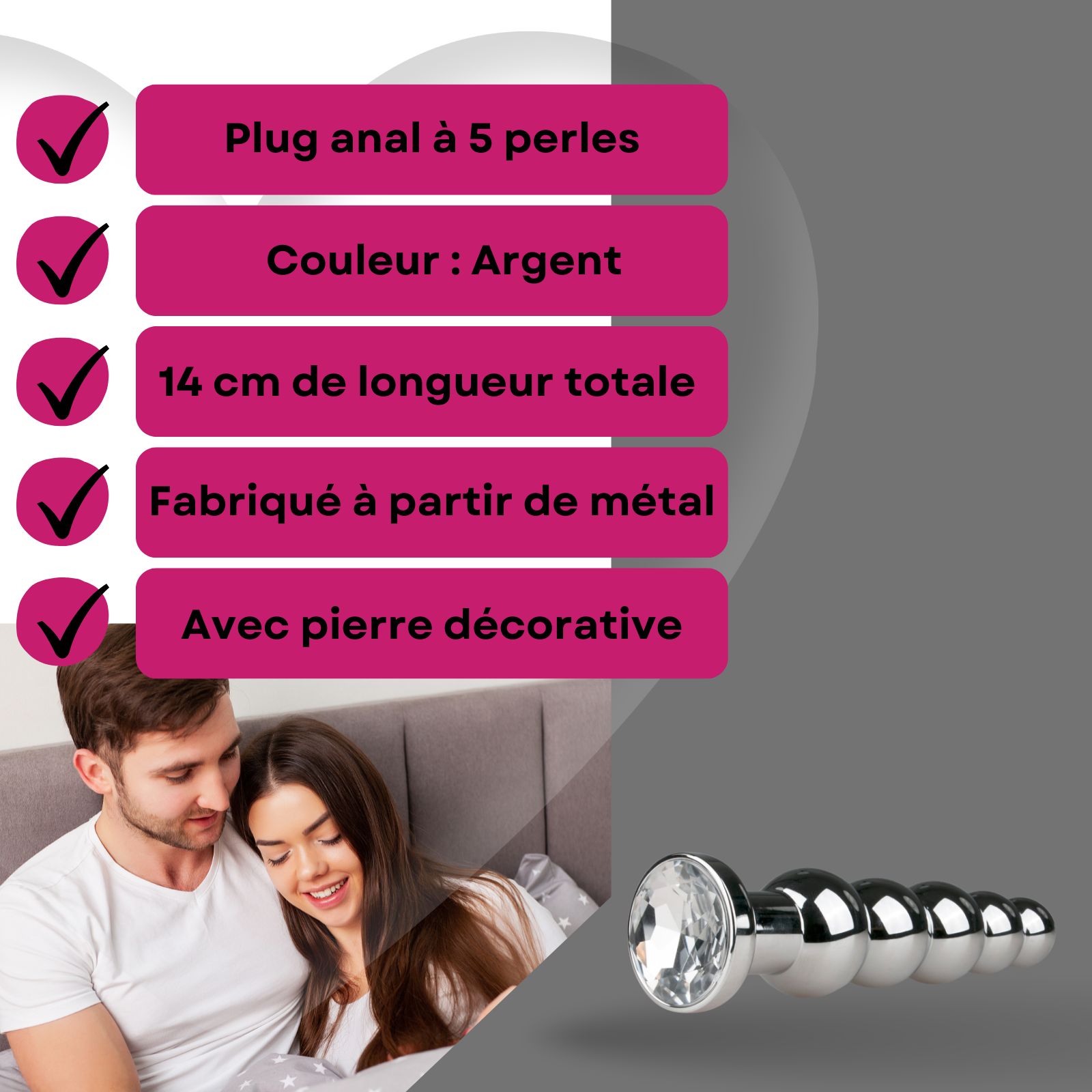 Produit avec 5 billes, argenté, 14 cm, en métal, avec pierre décorative. Couple au lit.