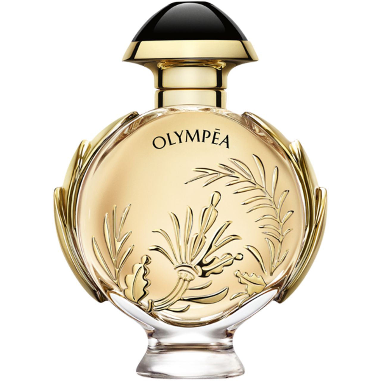 Olympéa Solar E.d.P. Nat. Spray. Ronde gouden fles met zwarte dop en bloemmotief. Transparante glazen voet.
