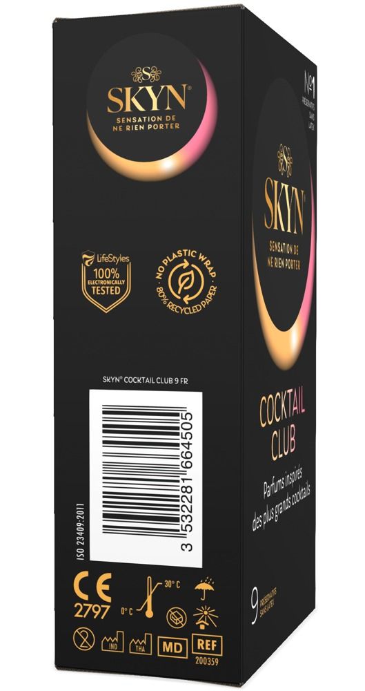 Zwarte doos SKYN Cocktail Club. Bevat 9 condooms. Opschriften: logo, certificeringen, barcode, tekst.