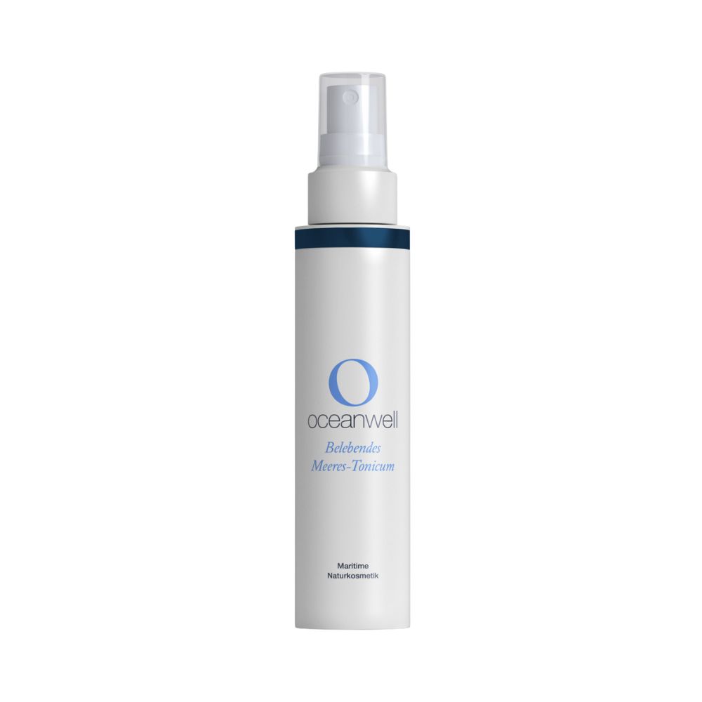 Cilindrische fles met verstuiver. Blauw logo en tekst.