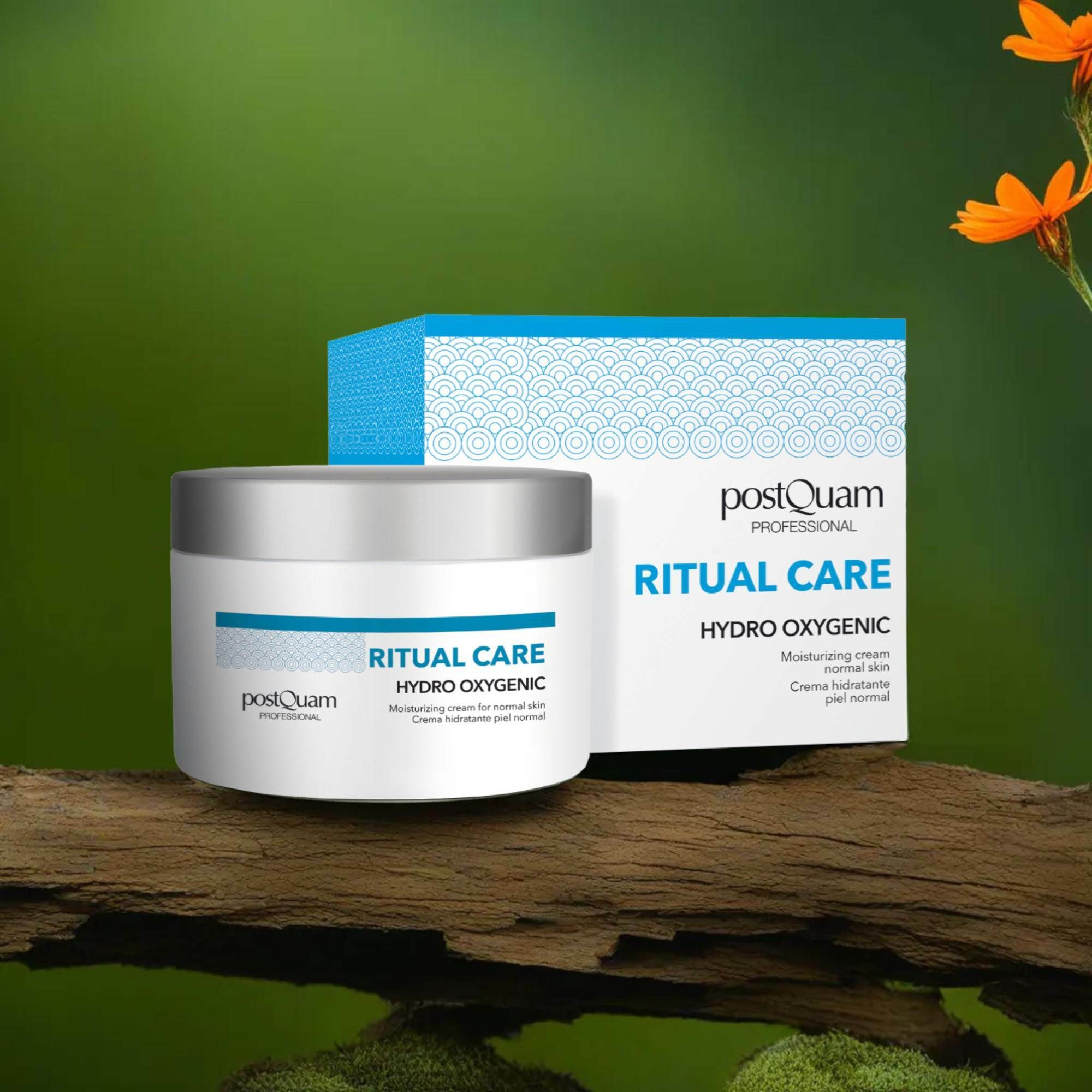 Crèmepot en doos. Opschrift: Postquam, Ritual Care, Hydro Oxygenic. Voor normale huid. Op een tak.