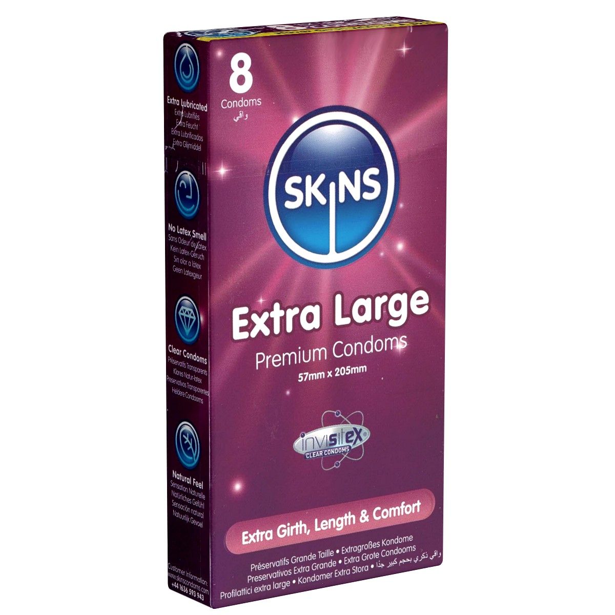 Boîte de 8 préservatifs SKINS Extra Large. Dimensions : 57mm x 205mm. Inscription : Extra Girth, Length & Comfort. Marque visible : InvisiTex.