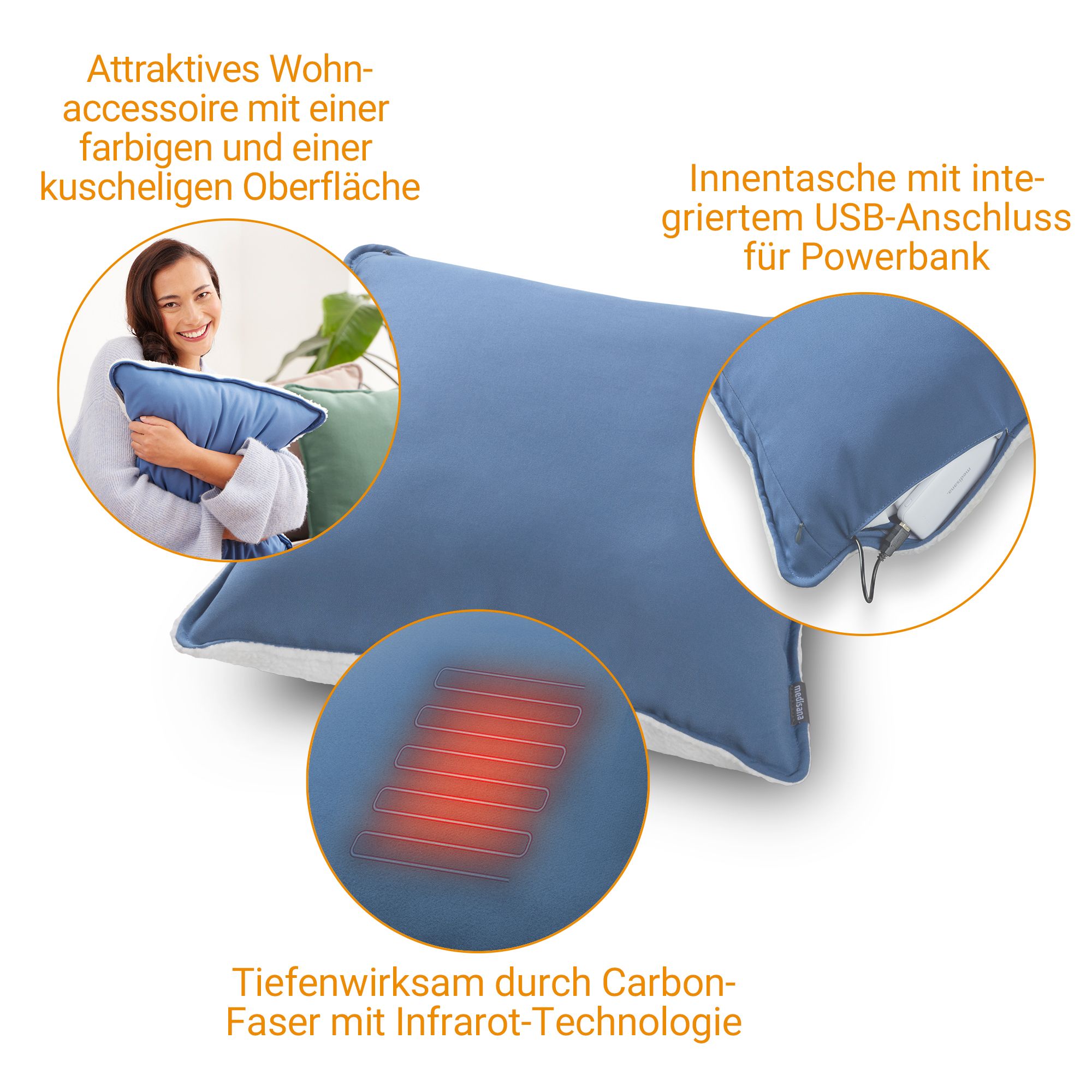 Blauw verwarmingskussen met witte accenten, close-up van infrarood verwarmingstechnologie.