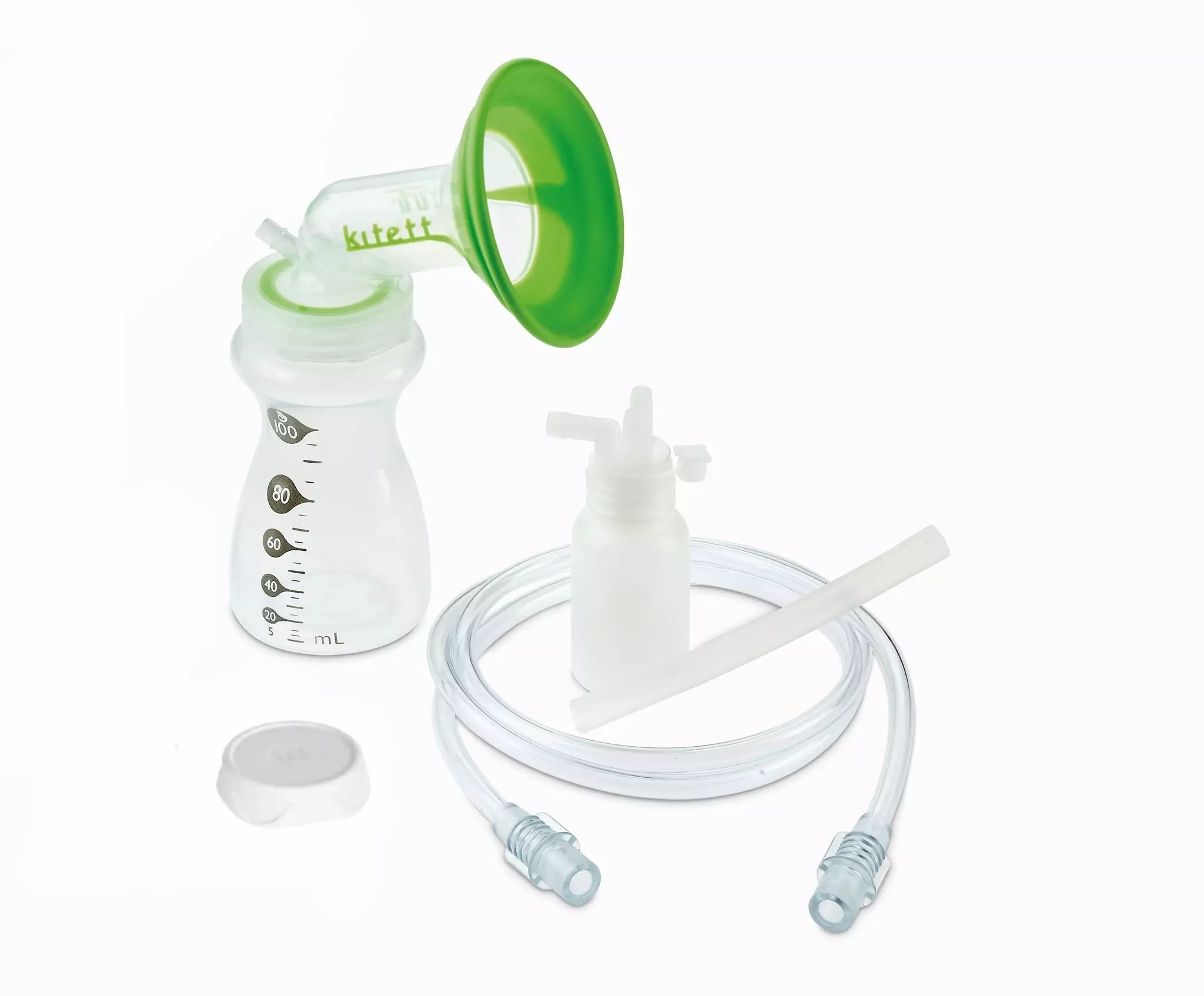 Tire-lait avec biberon, téterelle, tube, bouchon et accessoires. Éléments verts et transparents. Inscription kitett.