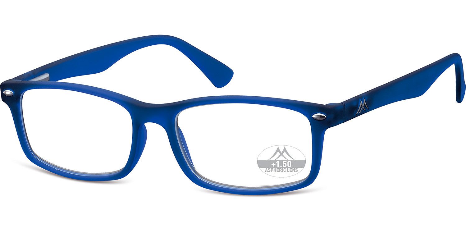 Lunettes bleues avec verres rectangulaires. Logo Montana Eyewear sur la branche. +1.50 dioptries.