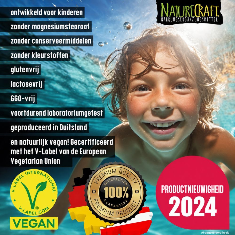 Fles en doos met Omega-3 algenolie voor kinderen. Met fruit en zeemotieven. Bevat voedingswaarden.