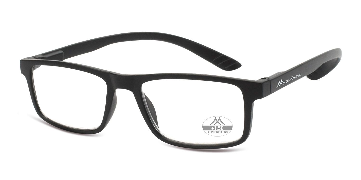 Vue latérale de lunettes noires. "Montana" est inscrit sur la branche. "+1.50 ASPHERIC LENS" sur le verre.