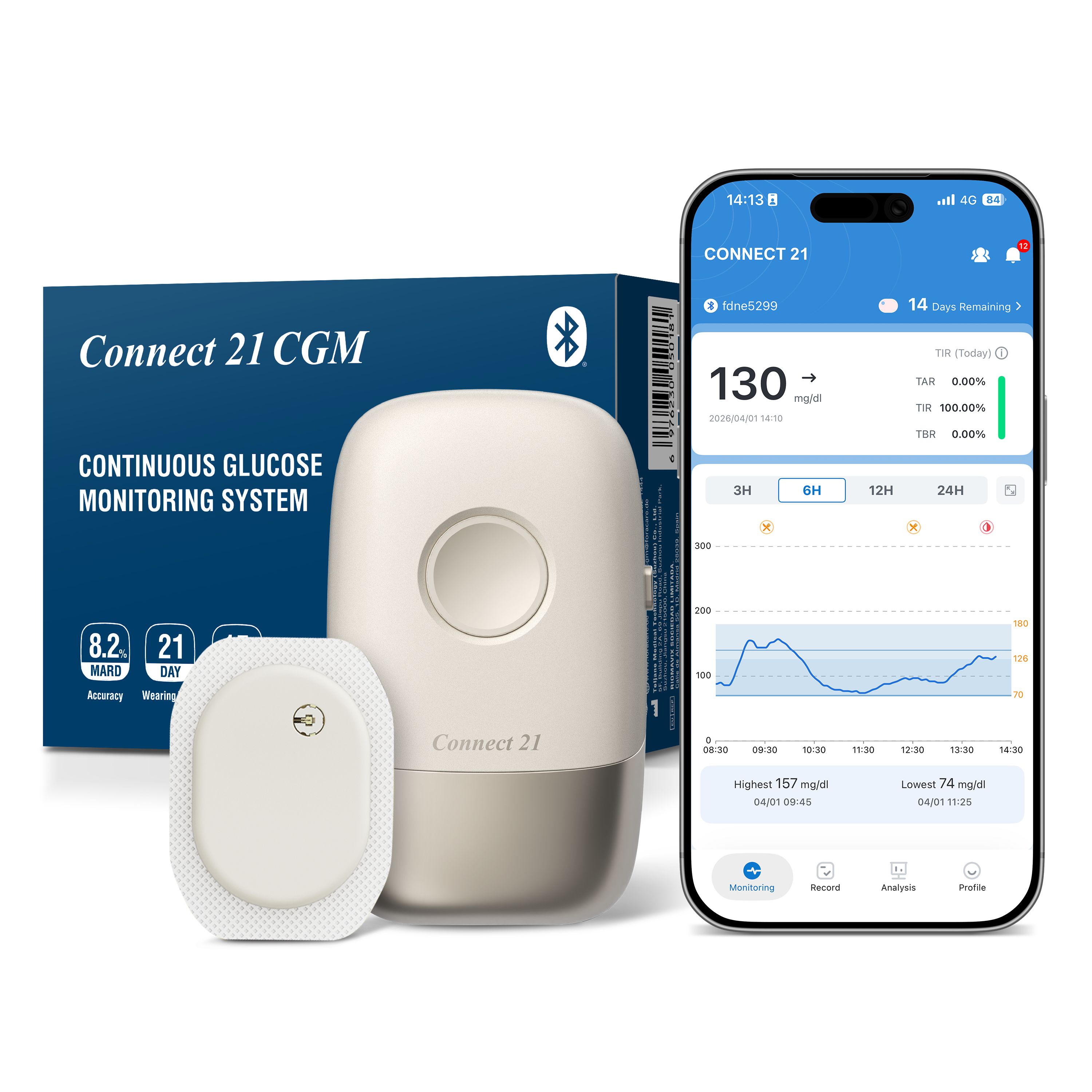 Connect 21 CGM Systeem: Sensor, transmitter en smartphone-app met glucosewaarden en grafieken.