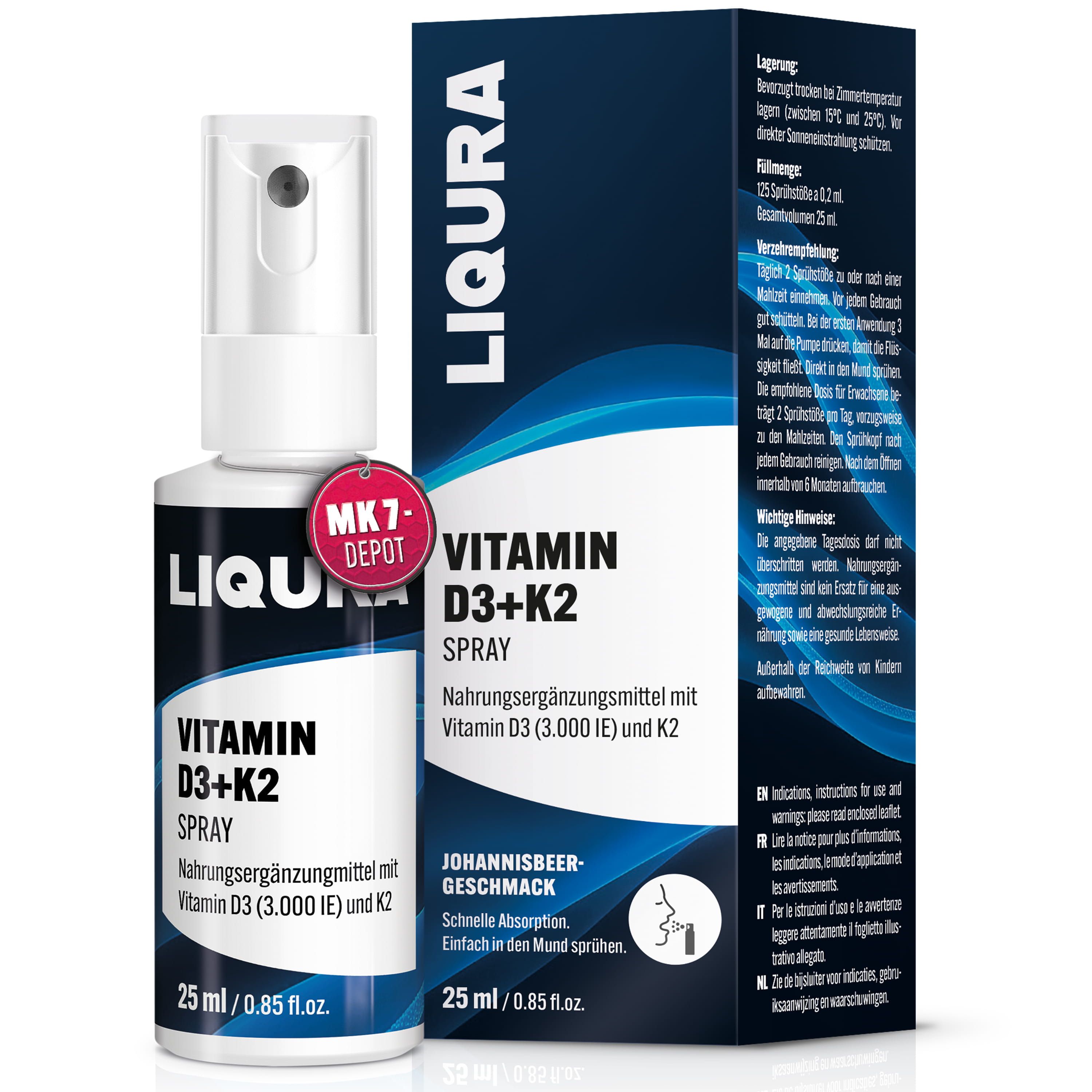 Spray LIQURA Vitamine D3+K2 avec emballage. Contient 25 ml.