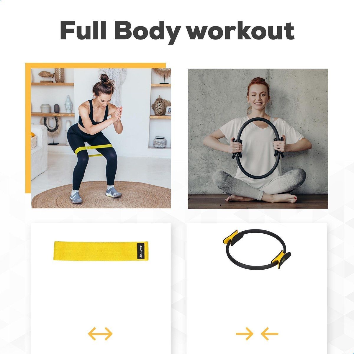 Deux exercices de fitness. En haut : femme avec bande jaune, femme avec anneau. En bas : bande jaune, anneau noir avec poignées jaunes.