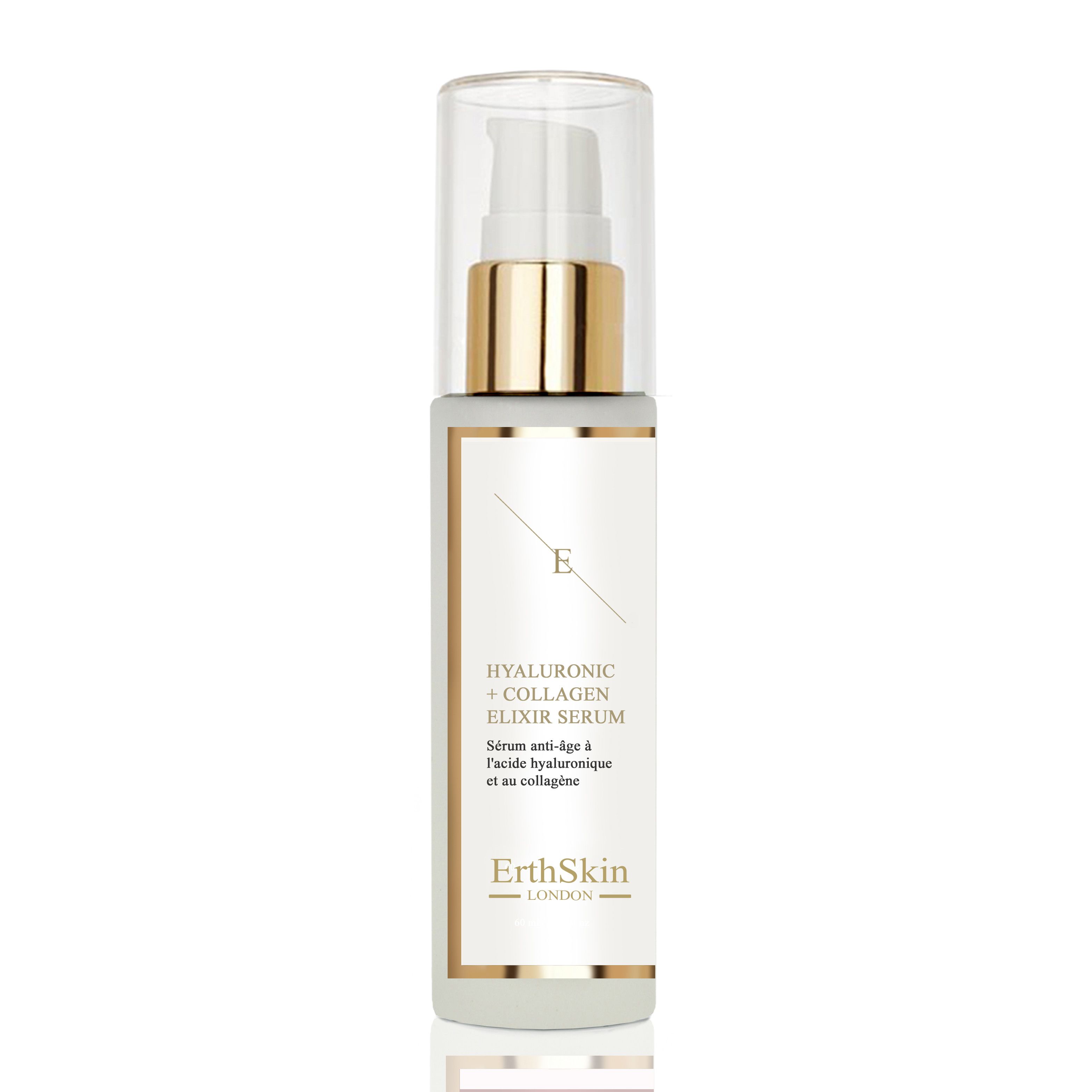 Sérum blanc avec bouchon doré. Le sérum indique : Hyaluronic Acid + Collagen Elixir Serum.