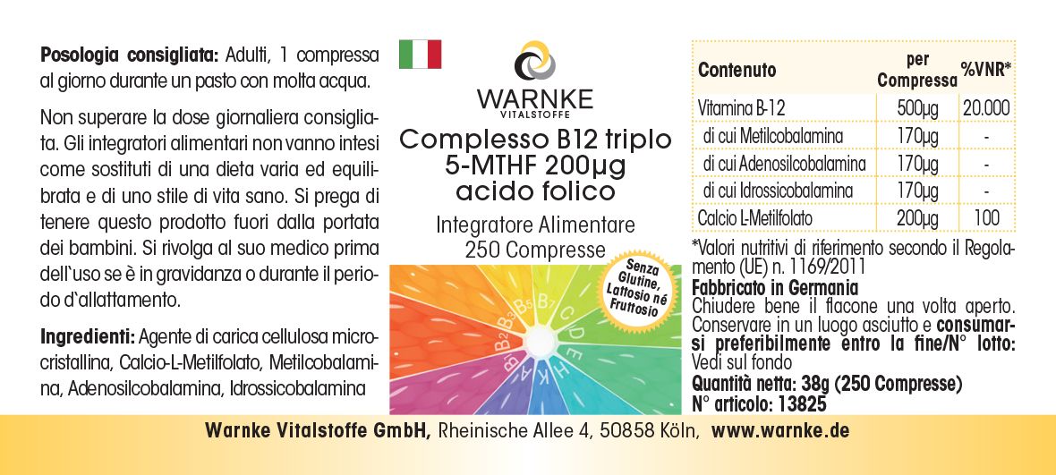 Etiket met productinformatie. Opschrift: WARNKE Vitalstoffe, Complesso B12 triplo 5-MTHF 200µg acido folico. 250 tabletten. Ingrediënten en voedingswaarden.