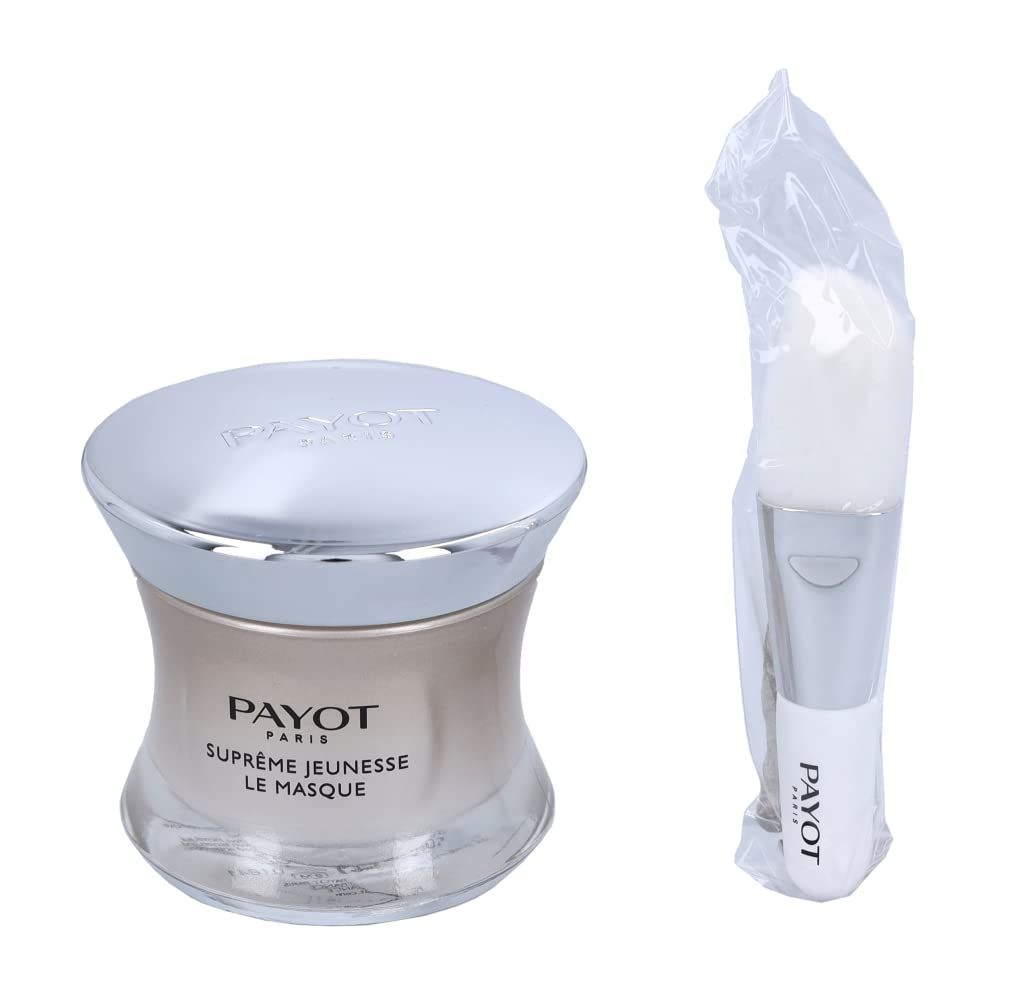Pot de masque avec couvercle, pinceau. Texte PAYOT PARIS, Supreme Jeunesse Le Masque. Pinceau avec manche et poils.