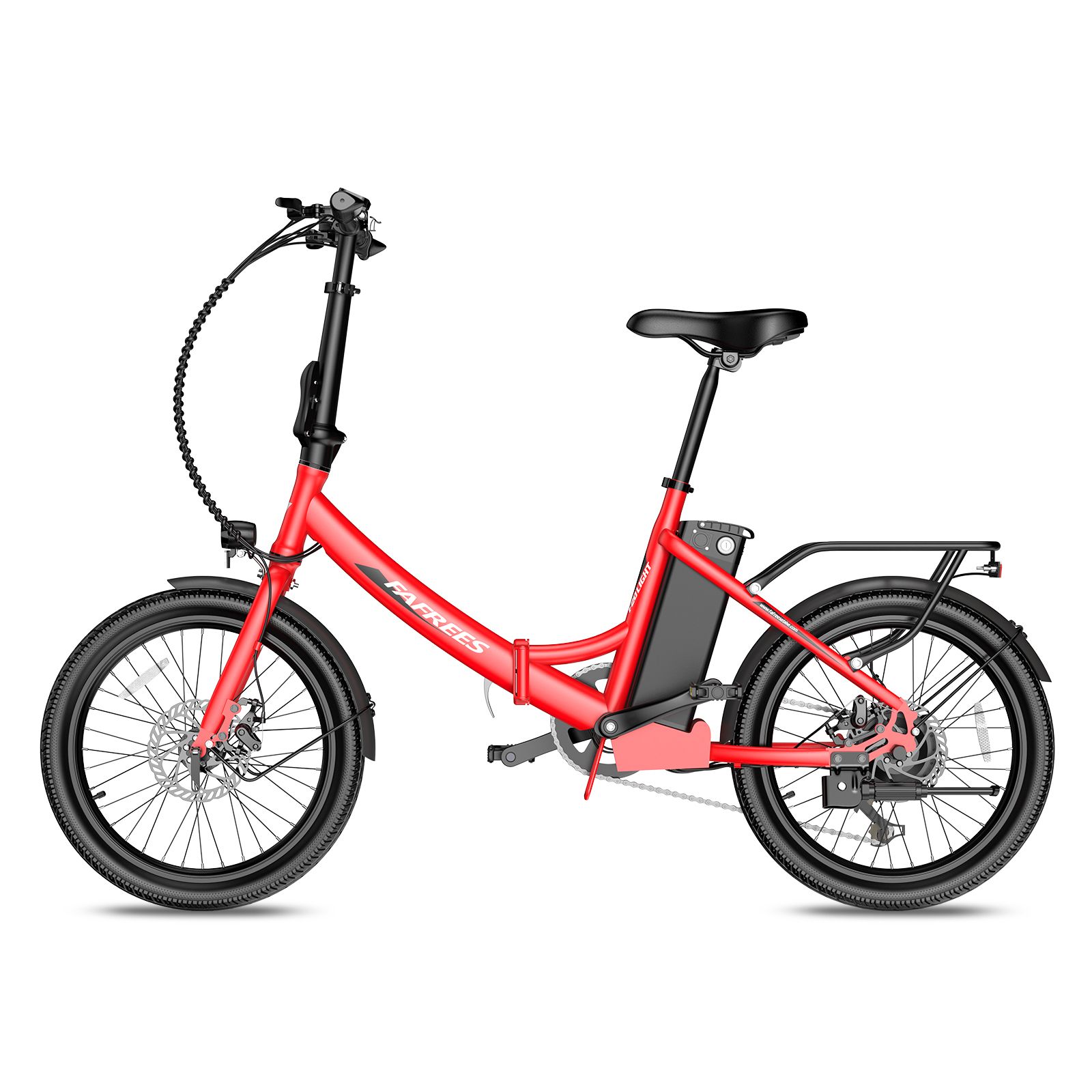 Rode Fafrees F20Light e-bike. Zwarte onderdelen, bagagedrager, spatborden. Zijaanzicht.