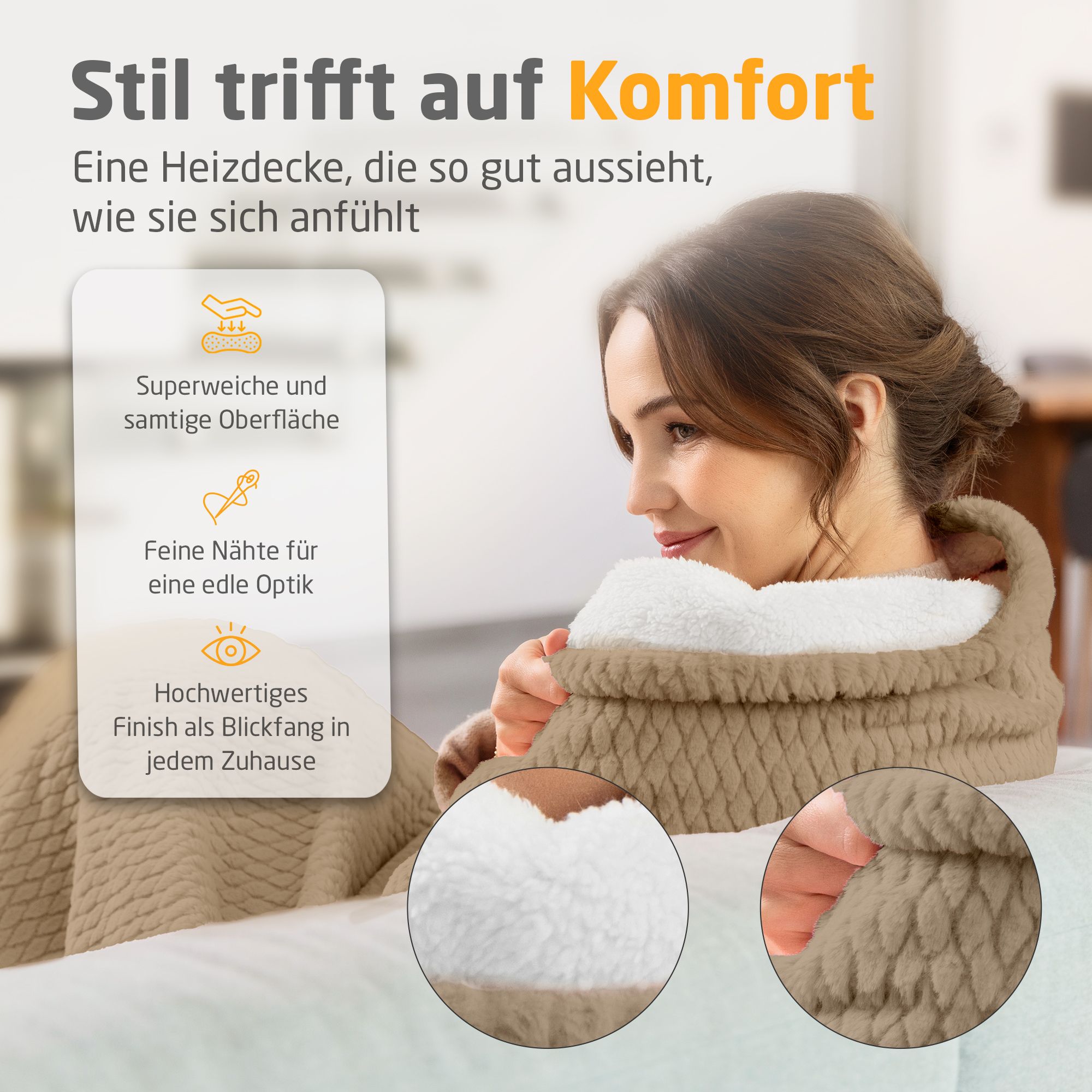 Femme sur canapé avec couverture chauffante. Couverture beige, intérieur blanc. Gros plans: surface, coutures. Texte: Surface ultra-douce.