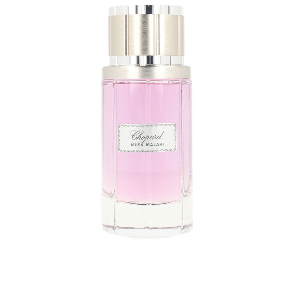 Roze fles met zilveren dop. Opschrift Chopard Moschus Malaki.