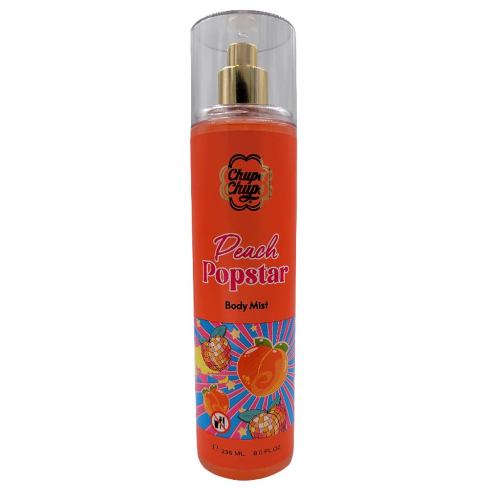 Flacon orange avec étiquette Peach Popstar. Vaporisateur. Inscription : Brume pour le corps.