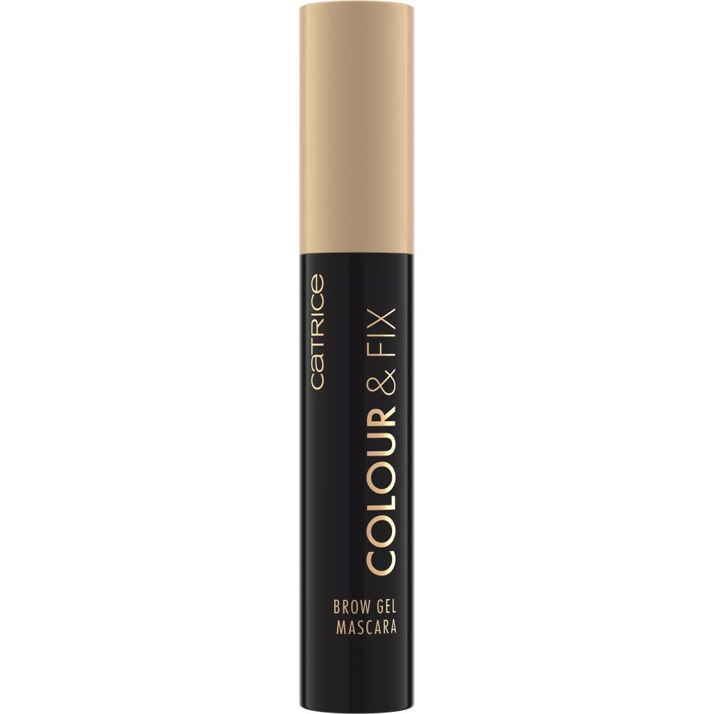 Zwarte mascara-tube met gouden tekst. Productnaam: Colour & Fix Brow Gel Mascara.