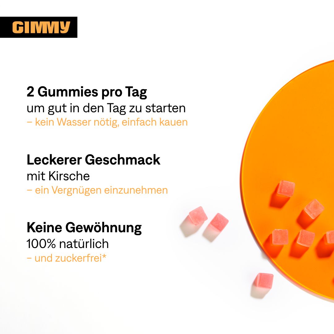 Gummies en kers. Tekst: 2 gummies per dag, heerlijke smaak met kers, geen verslaving, 100% natuurlijk en suikervrij.