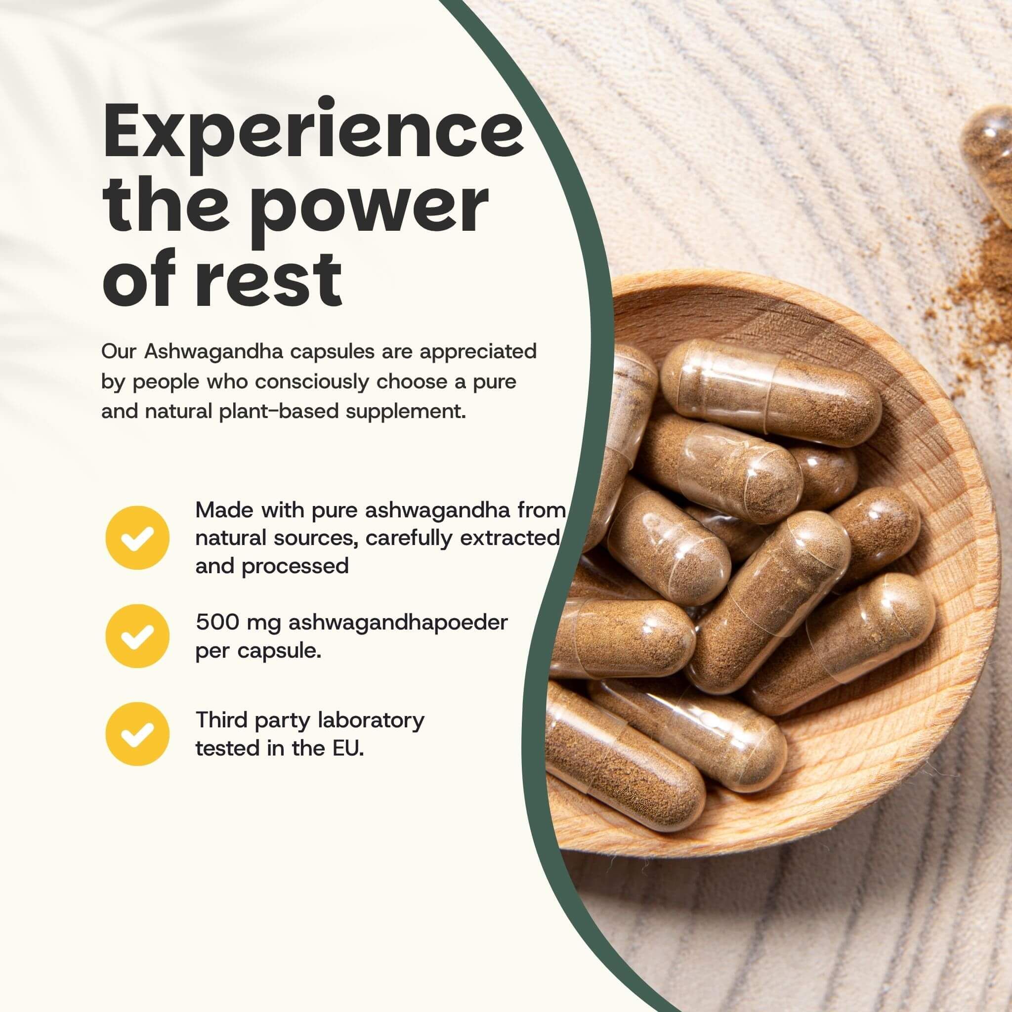 Bol en bois avec gélules d'Ashwagandha. Marques jaunes avec texte. Arrière-plan avec texte.