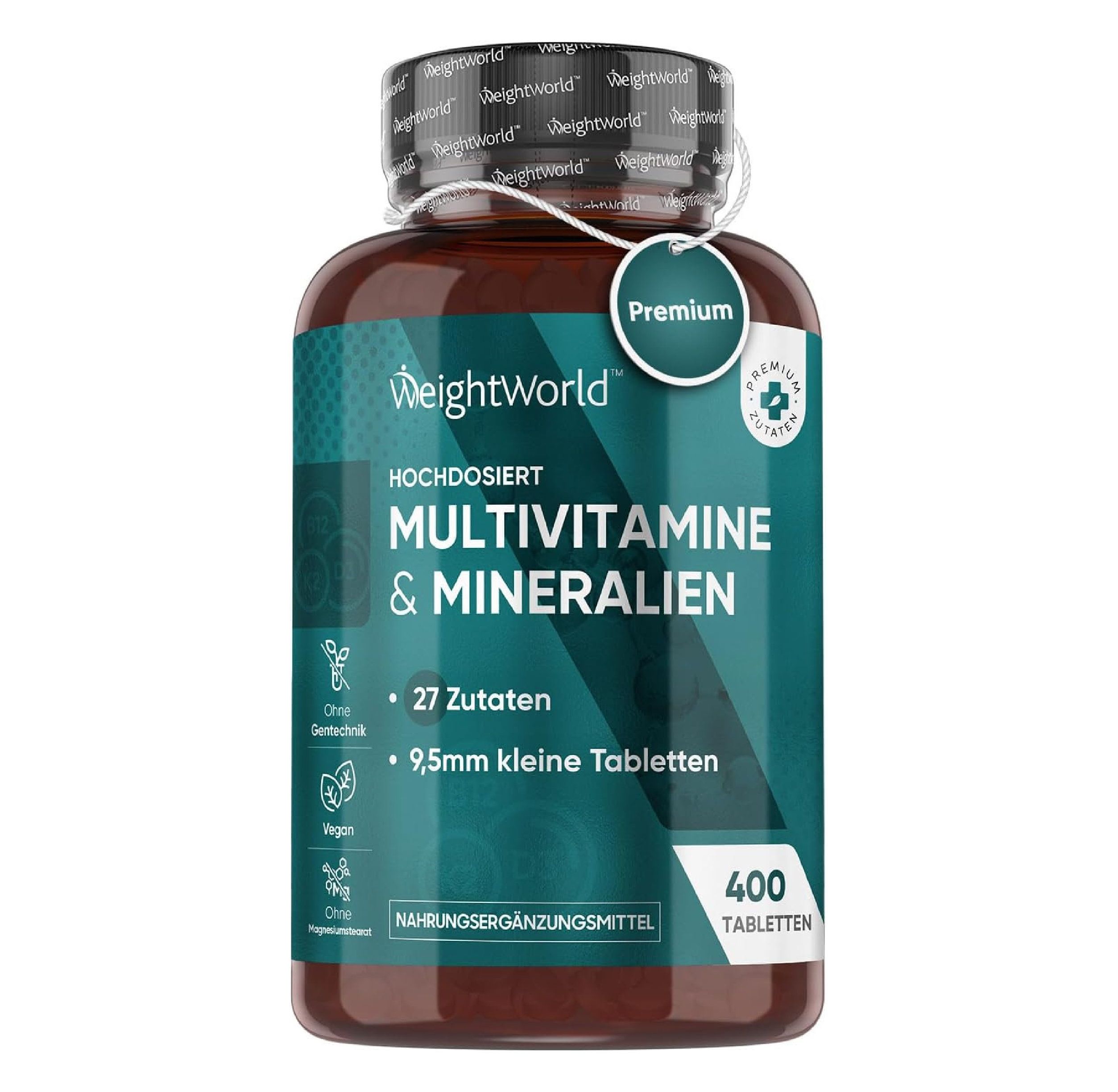Bouteille de Multivitamines et Minéraux avec sceau Premium et symboles vitaminiques.