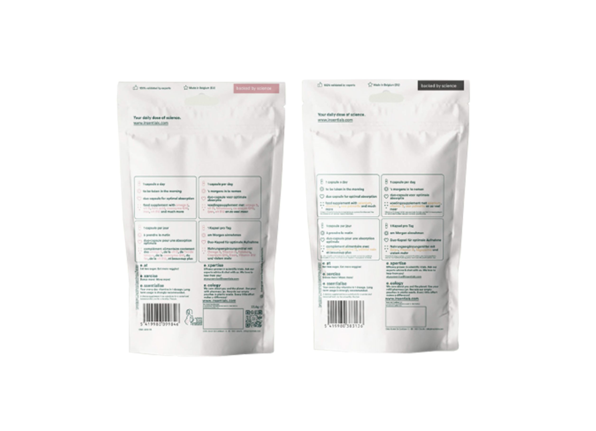Deux sachets blancs, vue arrière. Texte en vert et rose. Codes-barres et logos visibles.