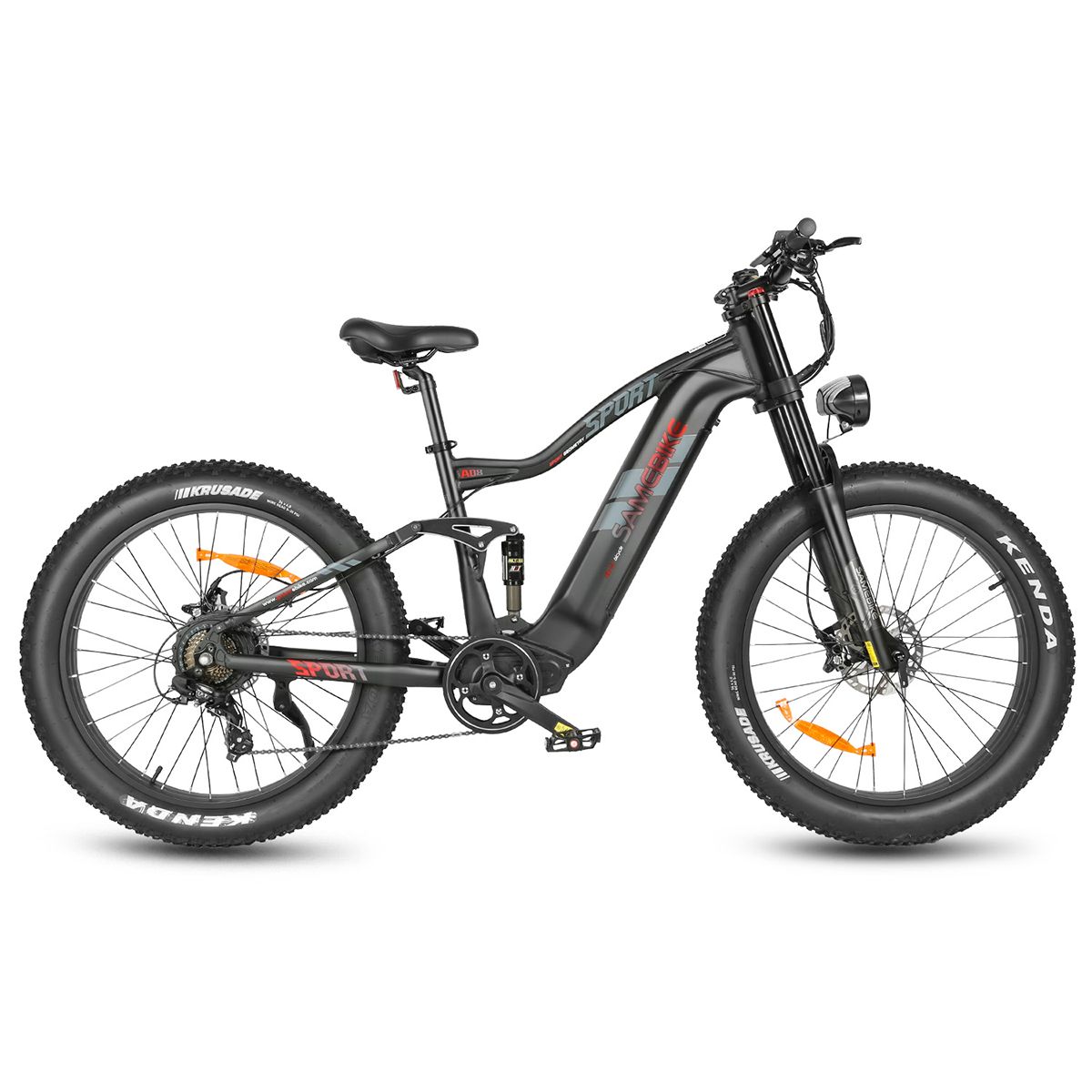 Zwarte elektrische mountainbike met brede banden, vering en koplamp. Kenda-banden.