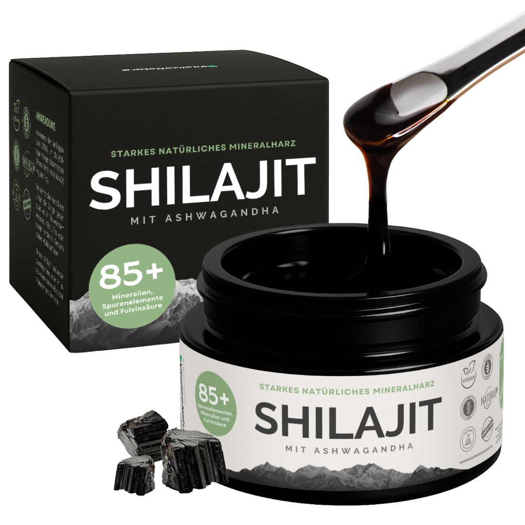 Pot de Shilajit avec Ashwagandha et boîte. Liquide noir coulant du pot. 85+ minéraux.