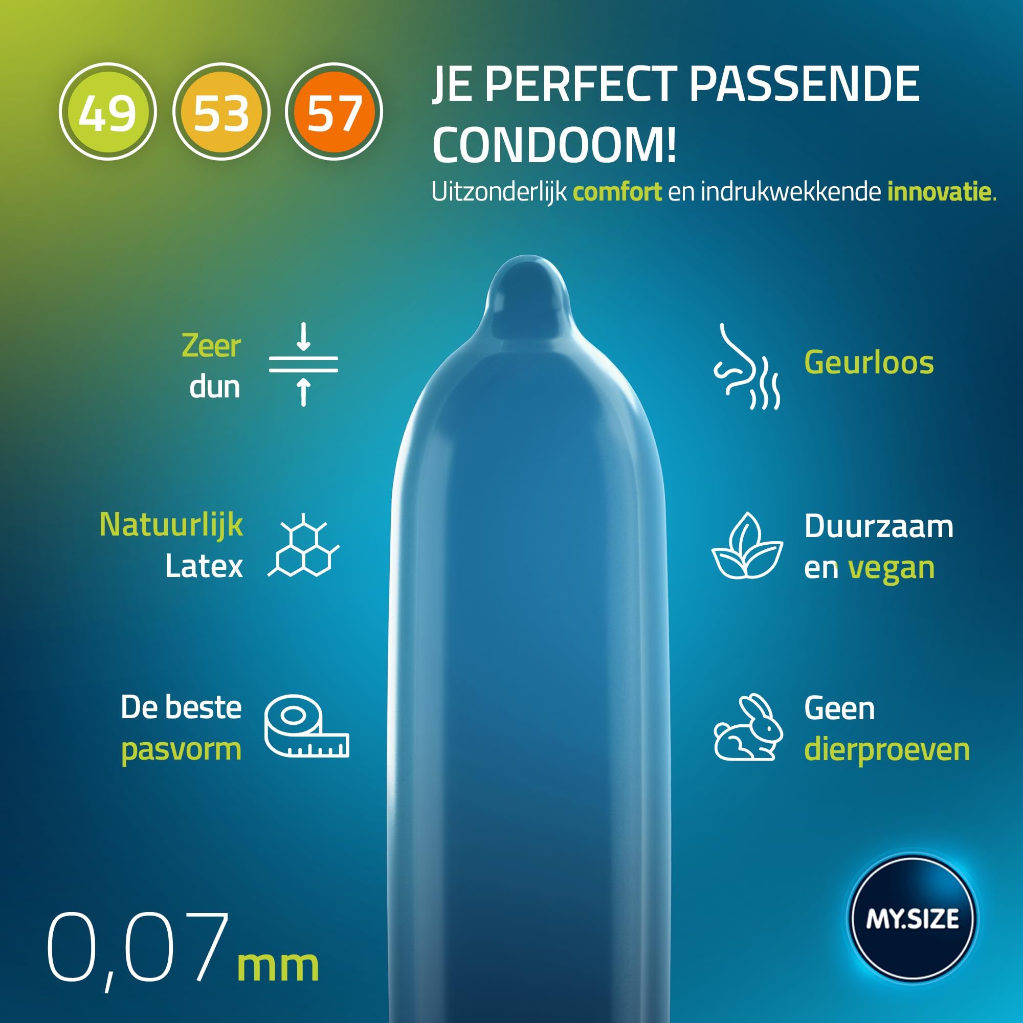 Smartphone toont een maatadvies voor MY.SIZE condooms. Maten 47-69mm. App-vermelding.