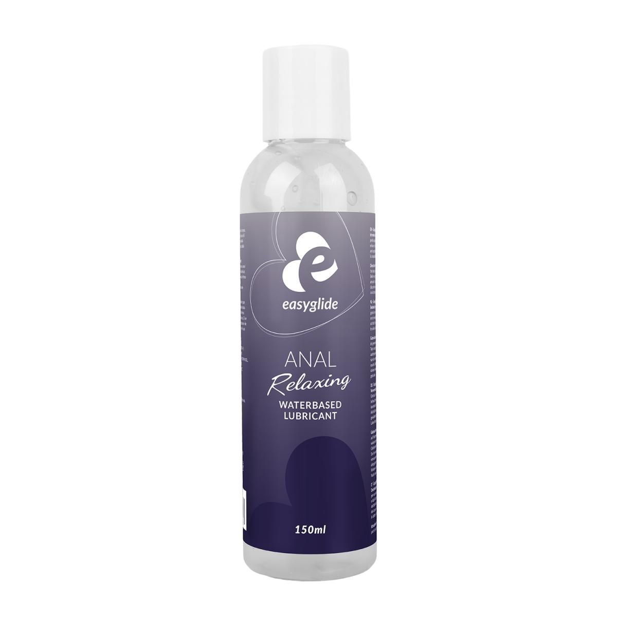 Transparante fles met witte dop. Opschrift: easyglide, ANAL Relaxing, glijmiddel op waterbasis. Volume: 150ml.