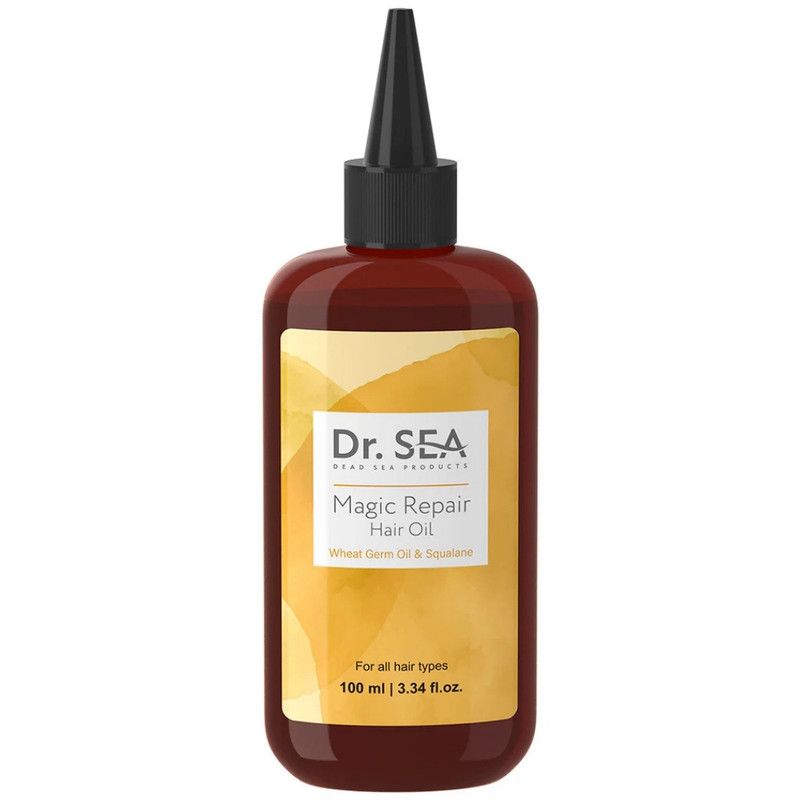 Flacon marron avec bouchon noir. Étiquette avec nom du produit et marque : Dr. SEA. Texte : Magic Repair Hair Oil.
