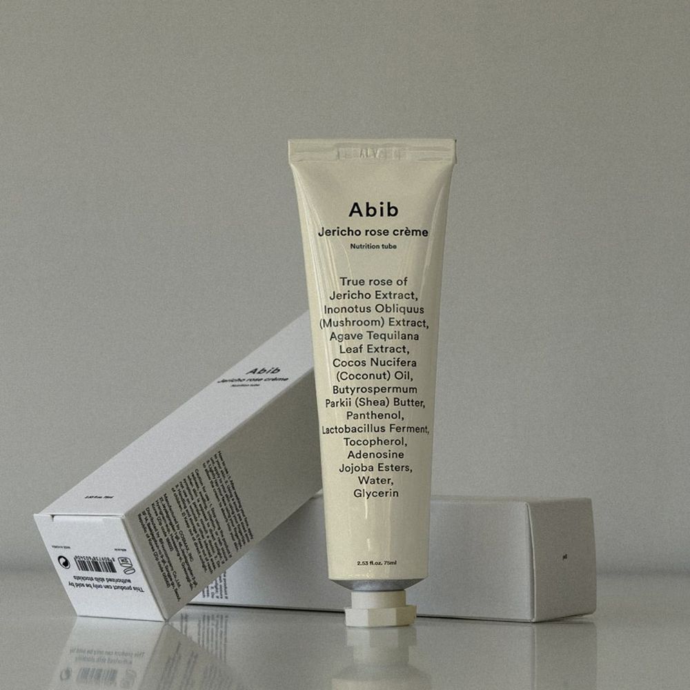 Tube de crème Abib Jericho Rose et boîte. Texte gris sur fond blanc. Ingrédients listés. 75ml.