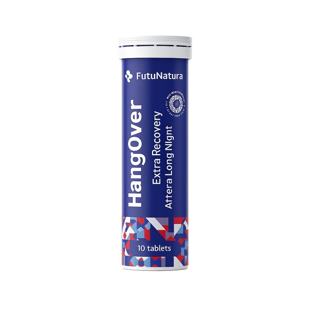 Tube cylindrique de comprimés "HangOver". Emballage bleu avec couvercle blanc. Contient 10 comprimés.