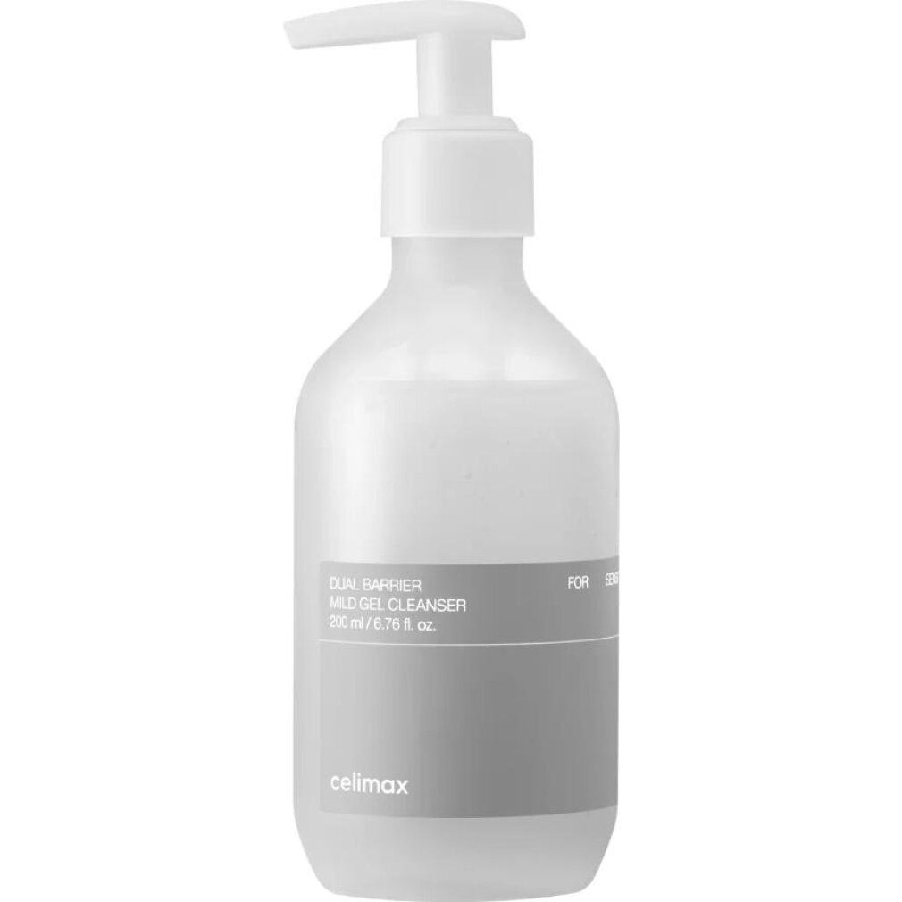 Celimax Dual Barrier Mild Gel Cleanser dans un flacon pompe blanc, vue de face.