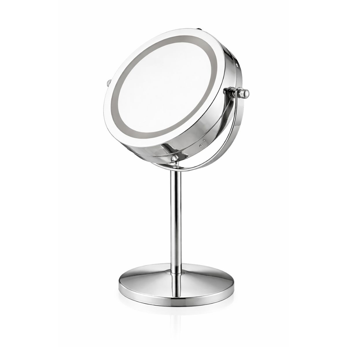 Miroir de maquillage rond avec éclairage LED, pivotant, sur une base ronde.
