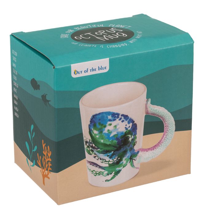 Beker in verpakking. Octopusontwerp. Handvat als tentakel. Verpakking met tekst: Octopus Mug.