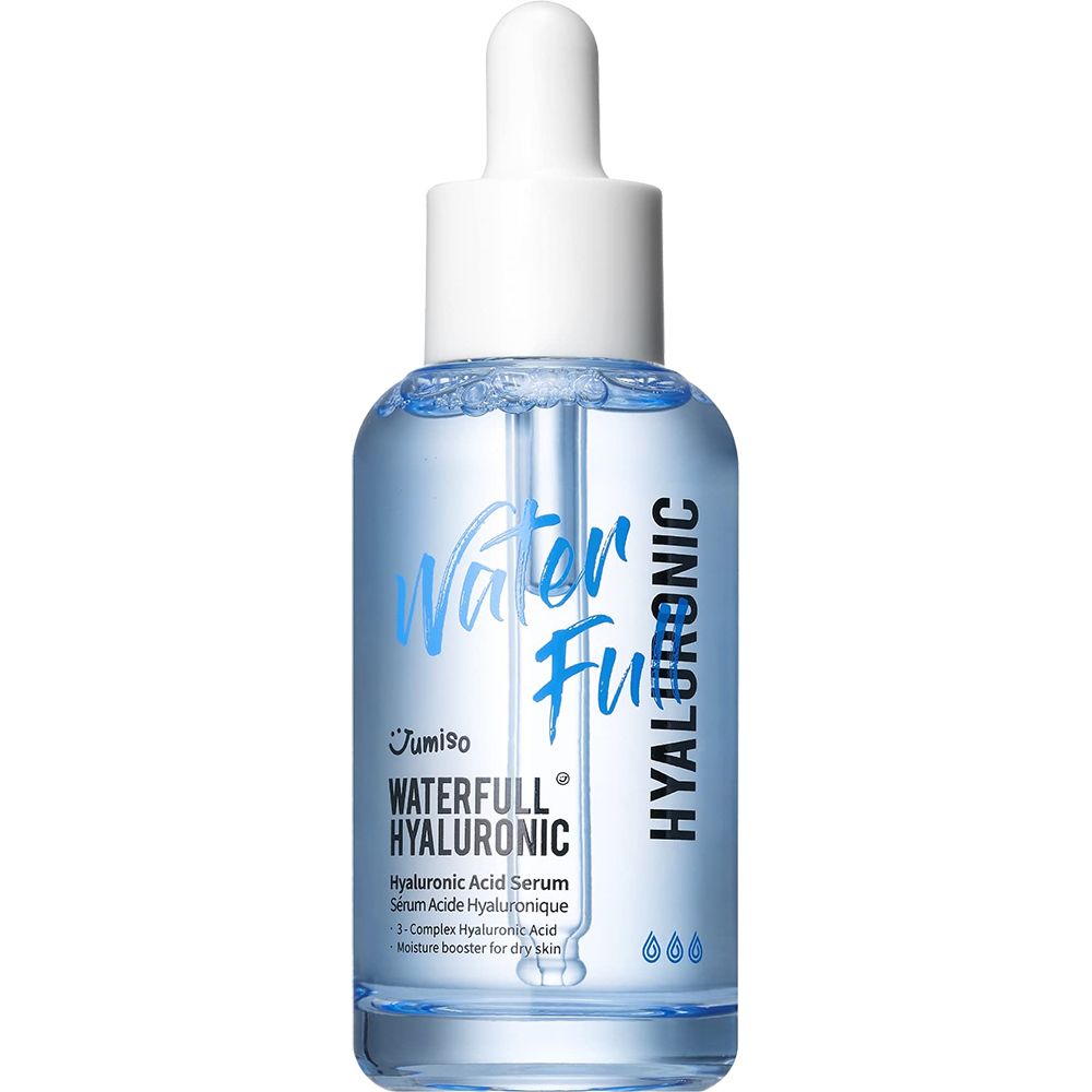 Blauw serumflesje met witte dop en pipet. Opschrift: Waterfull Hyaluronic, serum voor de droge huid.