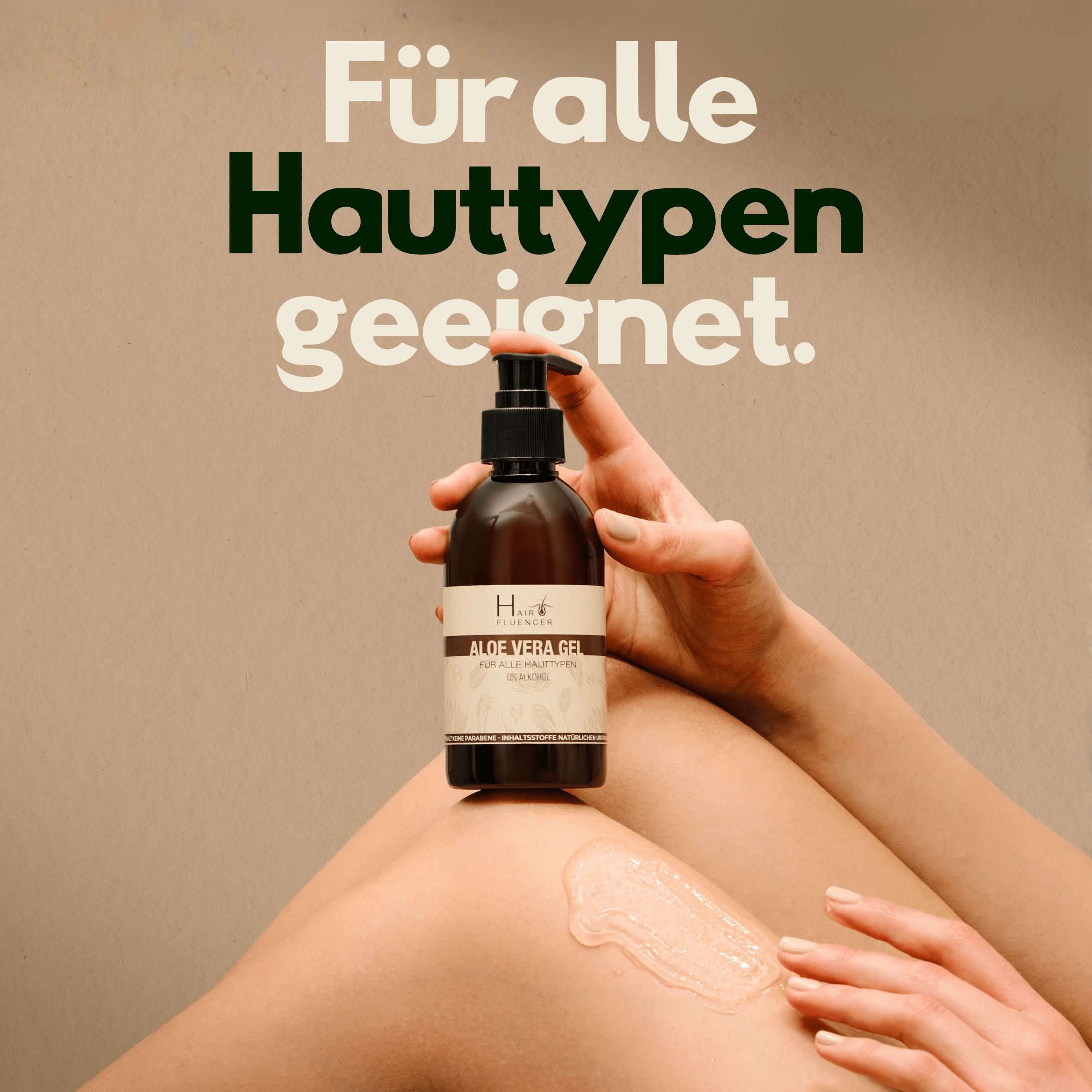 Hand met gel op been. Tekst: Geschikt voor alle huidtypes. Bruine fles.