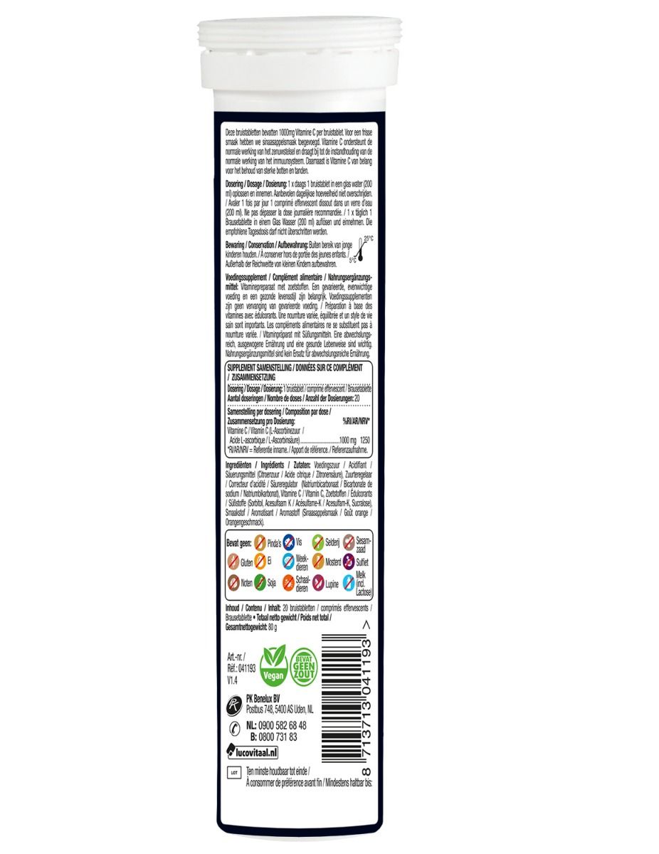 Achterkant van de cilindrische verpakking. Bevat meertalige tekst, ingrediënten, voedingswaarde en certificeringen.