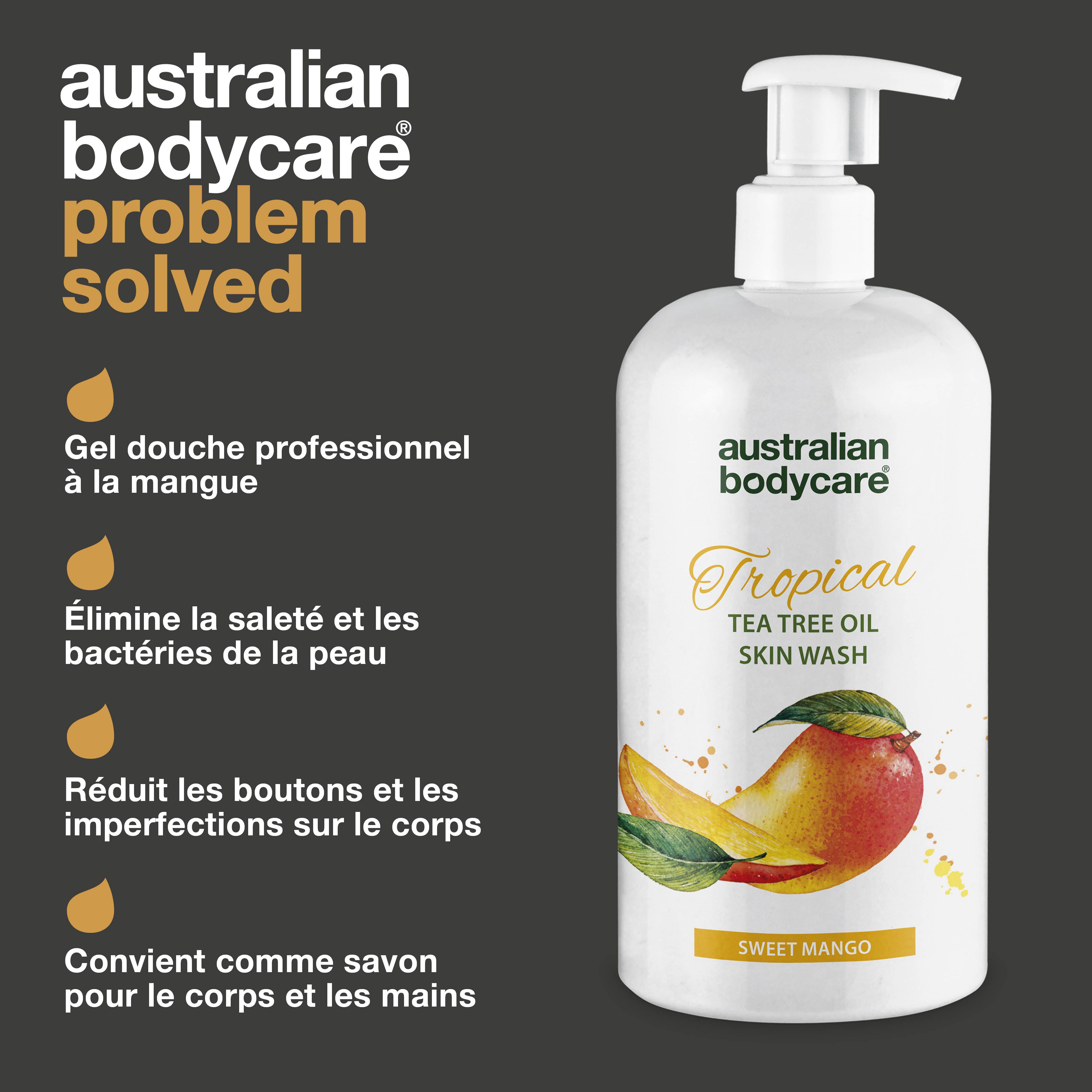 Flacon de produit avec texte: Australian Bodycare, Gel douche professionnel à la mangue. Texte: Problem solved, Tropical, Sweet Mango.