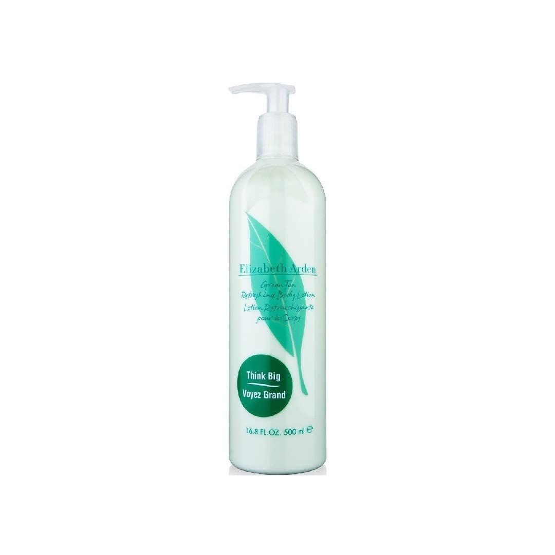 Flacon de lotion pour le corps avec pompe. Design blanc-vert avec motif de feuille et texte. Contient 500 ml.