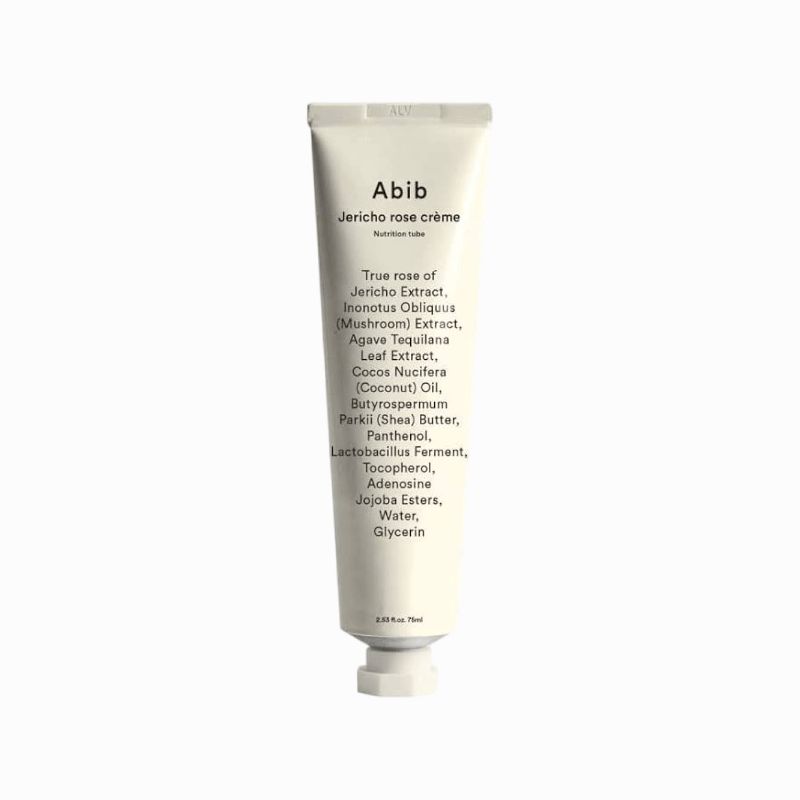 Tube de crème Abib Jericho Rose. Ingrédients listés. Tube blanc avec texte gris. Bouchon blanc. 75ml.