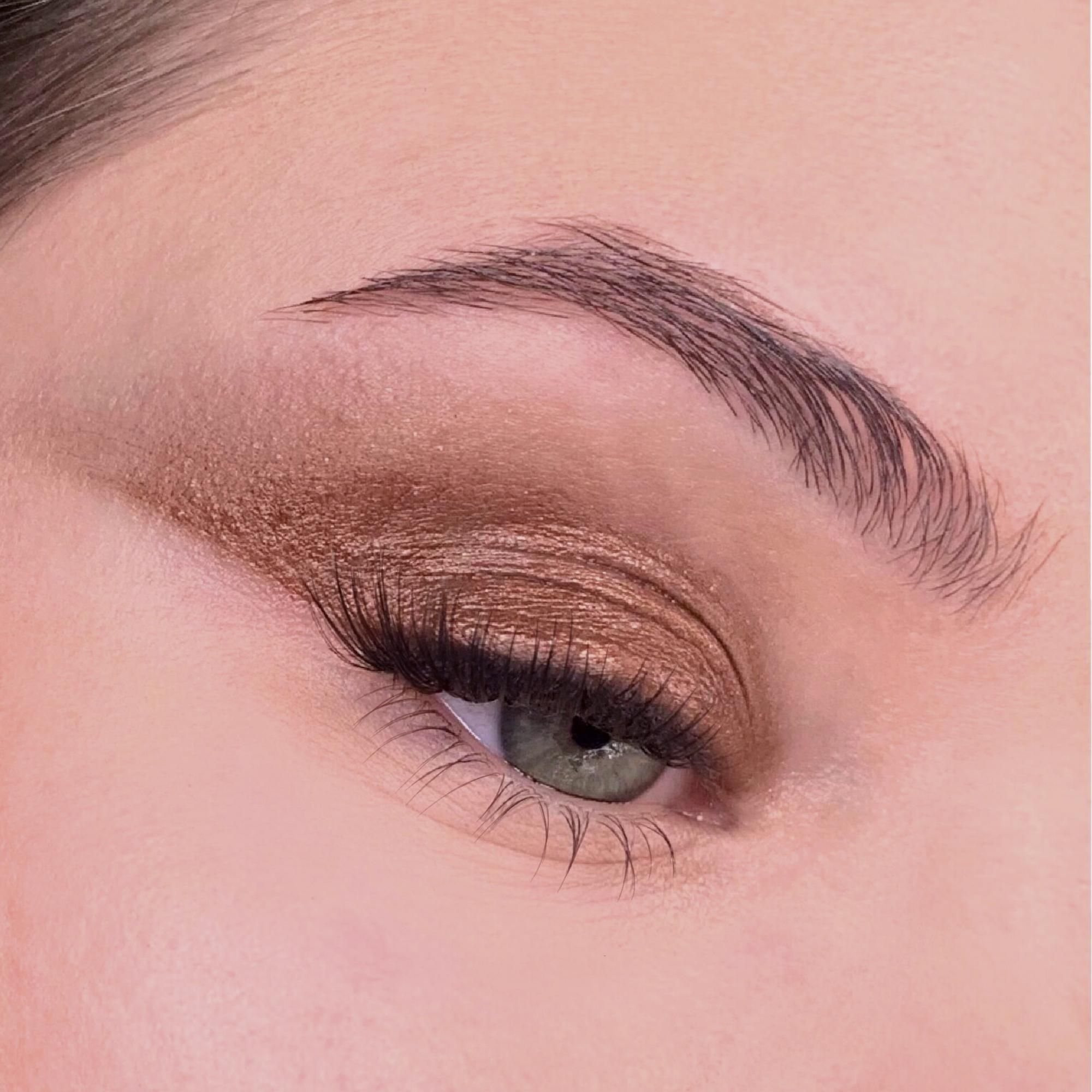 Close-up van een opgemaakt oog. Bruine oogschaduw. Wenkbrauw en wimpers.