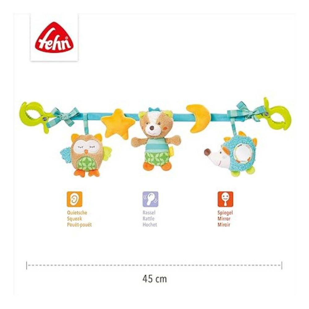 Chaîne de jouets avec hibou, ours, hérisson, étoile et lune. Barre bleue avec clips verts. Longueur: 45 cm. Symboles de fonctions.